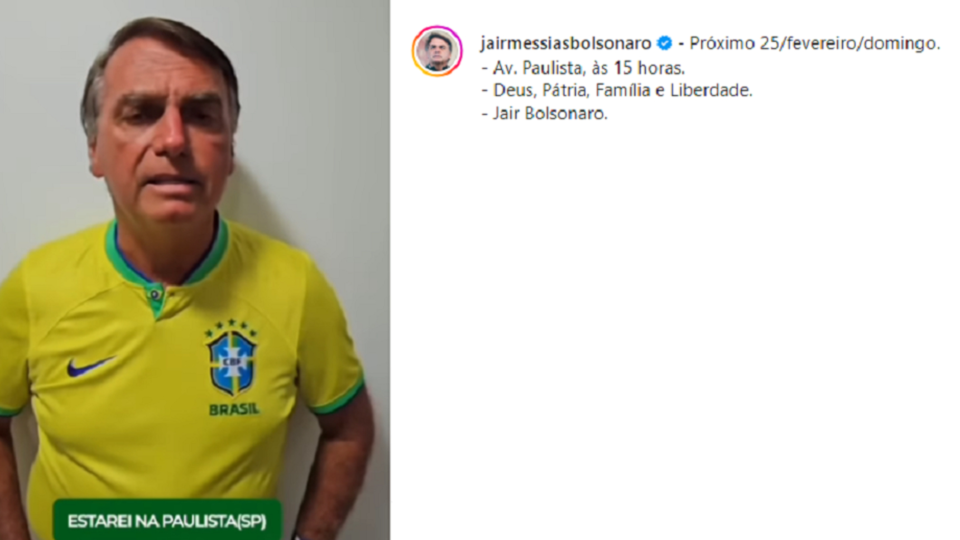 Bolsonaro convoca apoiadores a defender a democracia em ato na Avenida Paulista no fim deste mês