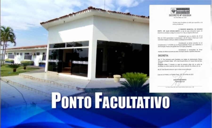 Prefeitura de Rosário Oeste decreta ponto facultativo nesta sexta-feira, dia 31