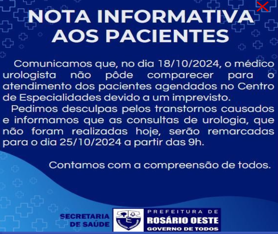 Prefeitura de Rosário Oeste esclarece ausência de Urologista e reagenda consultas