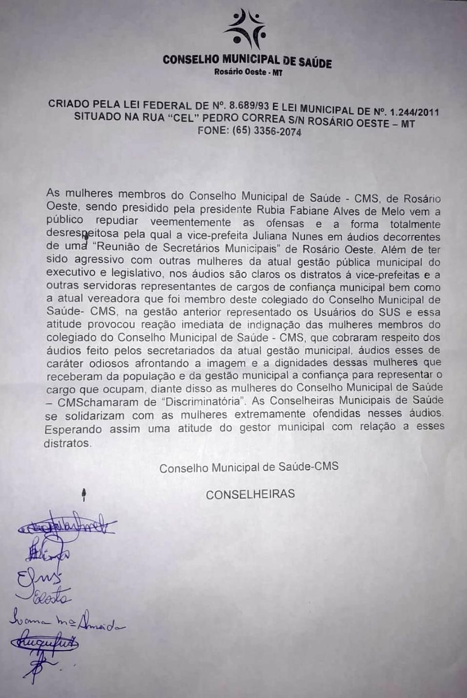 Rosário Oeste: Conselho Municipal de Saúde se posiciona contra ofensas à vice-prefeita em áudios vazados