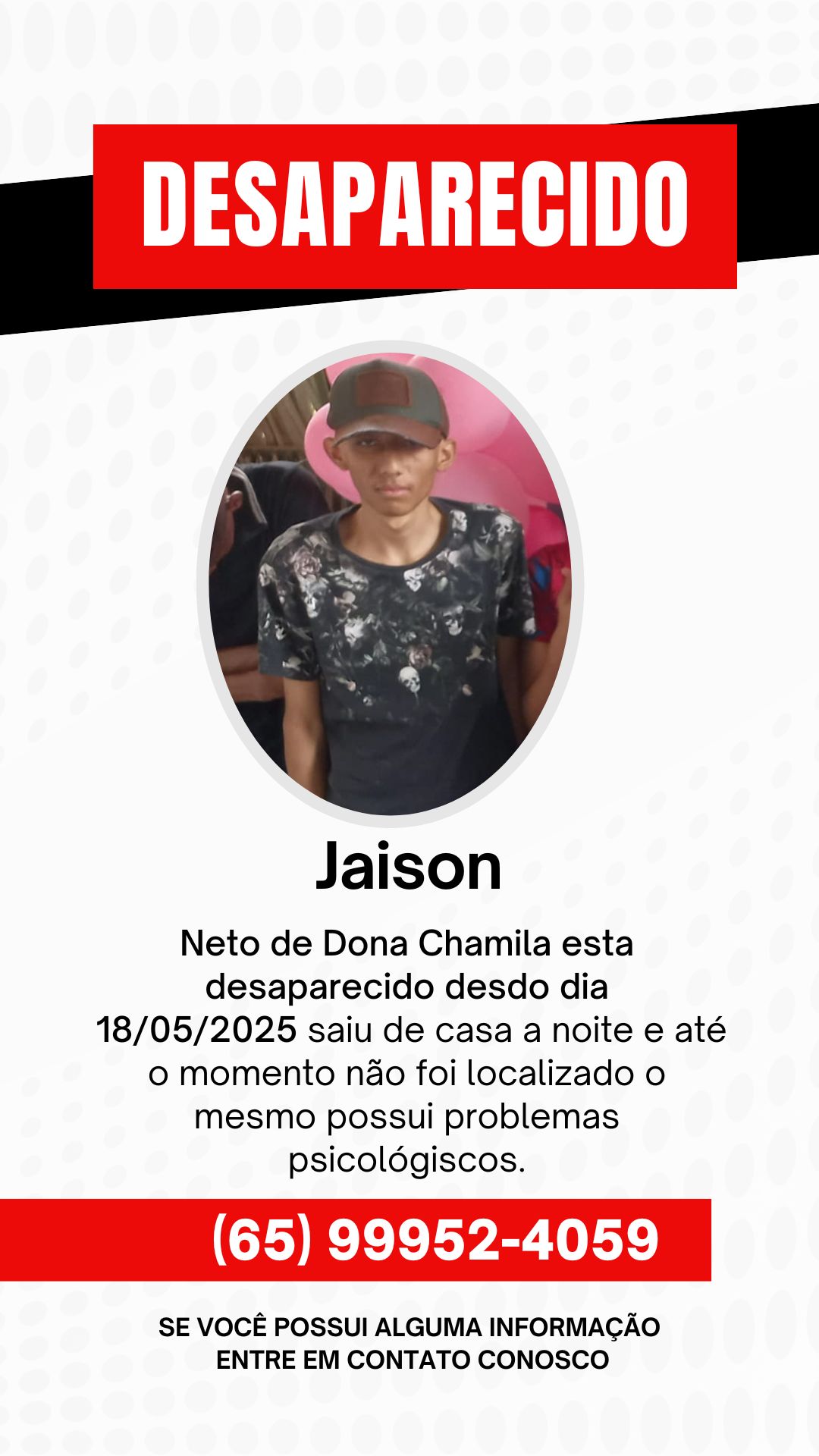 Jaison, neto de Dona Chamila, some após sair de casa em Rosário Oeste