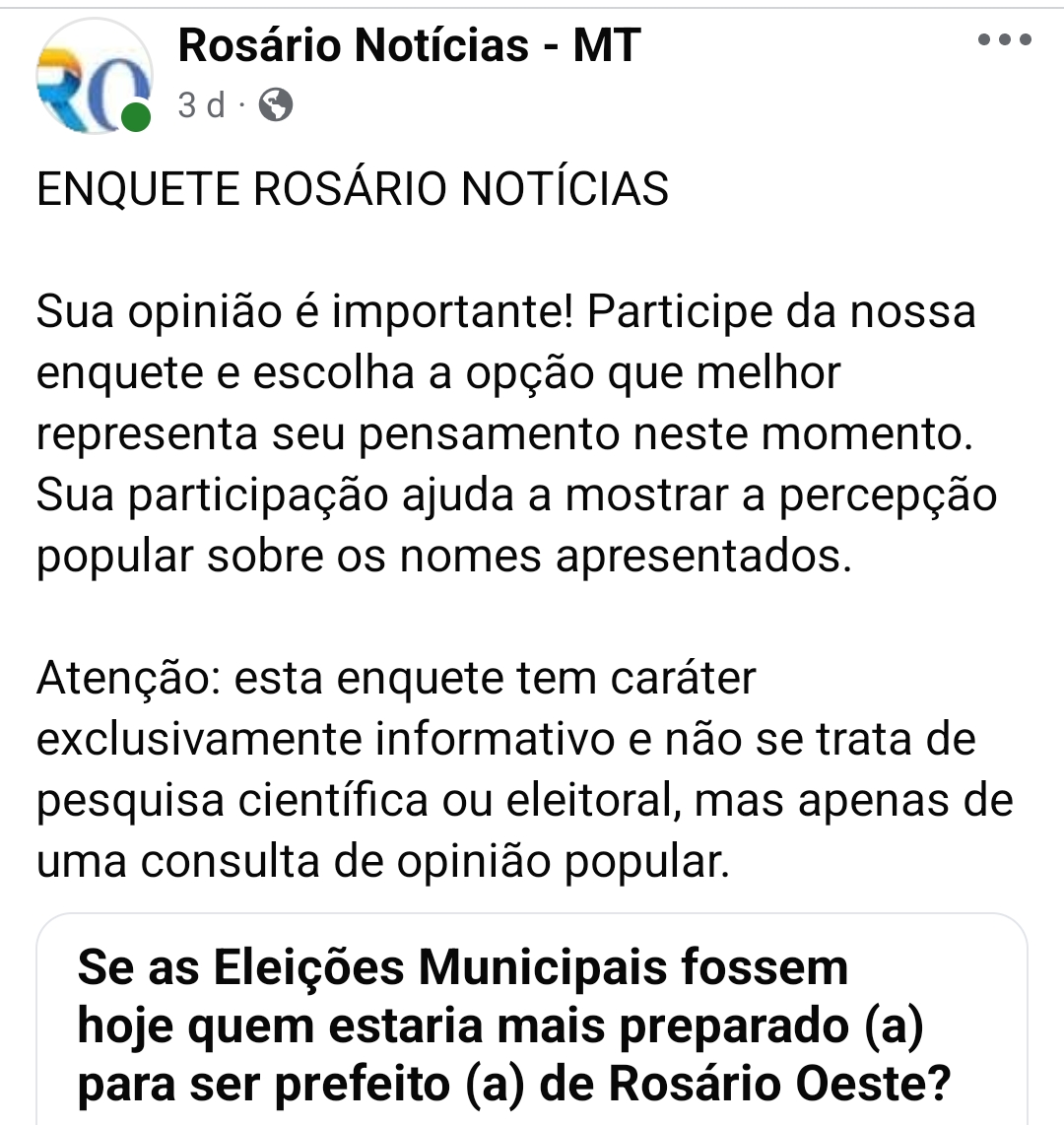 Enquete promovida pelo Rosário Notícias revela os cinco nomes mais lembrados para disputa ao comando da Prefeitura de Rosário Oeste em 2028